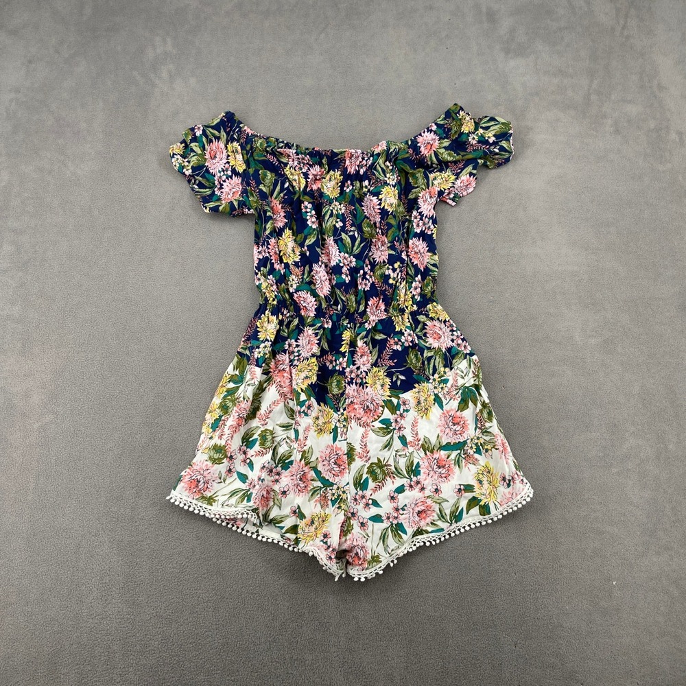 Bebop Floral Off The Shoulder Romper Navy White Pom Pom Trim Tassel Size Medium